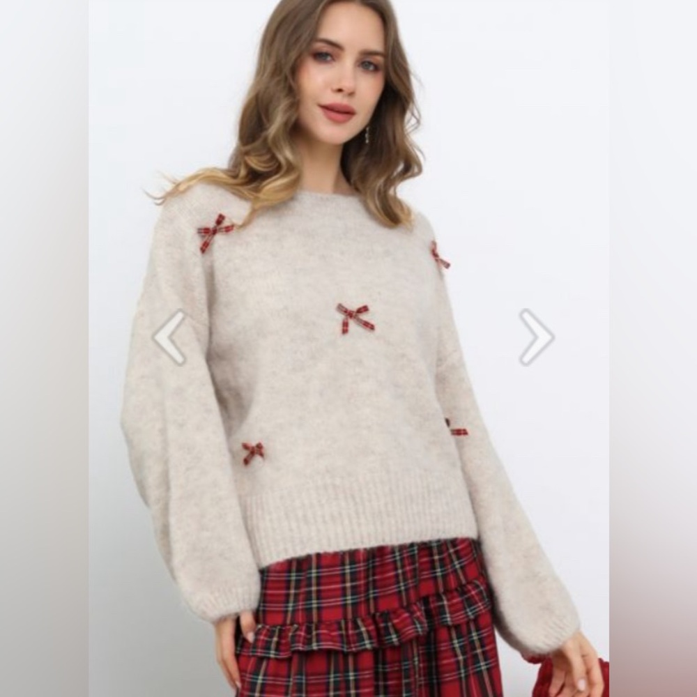 Chicwish Cream Off-the-Shoulder Sweater with Red Bow Accents